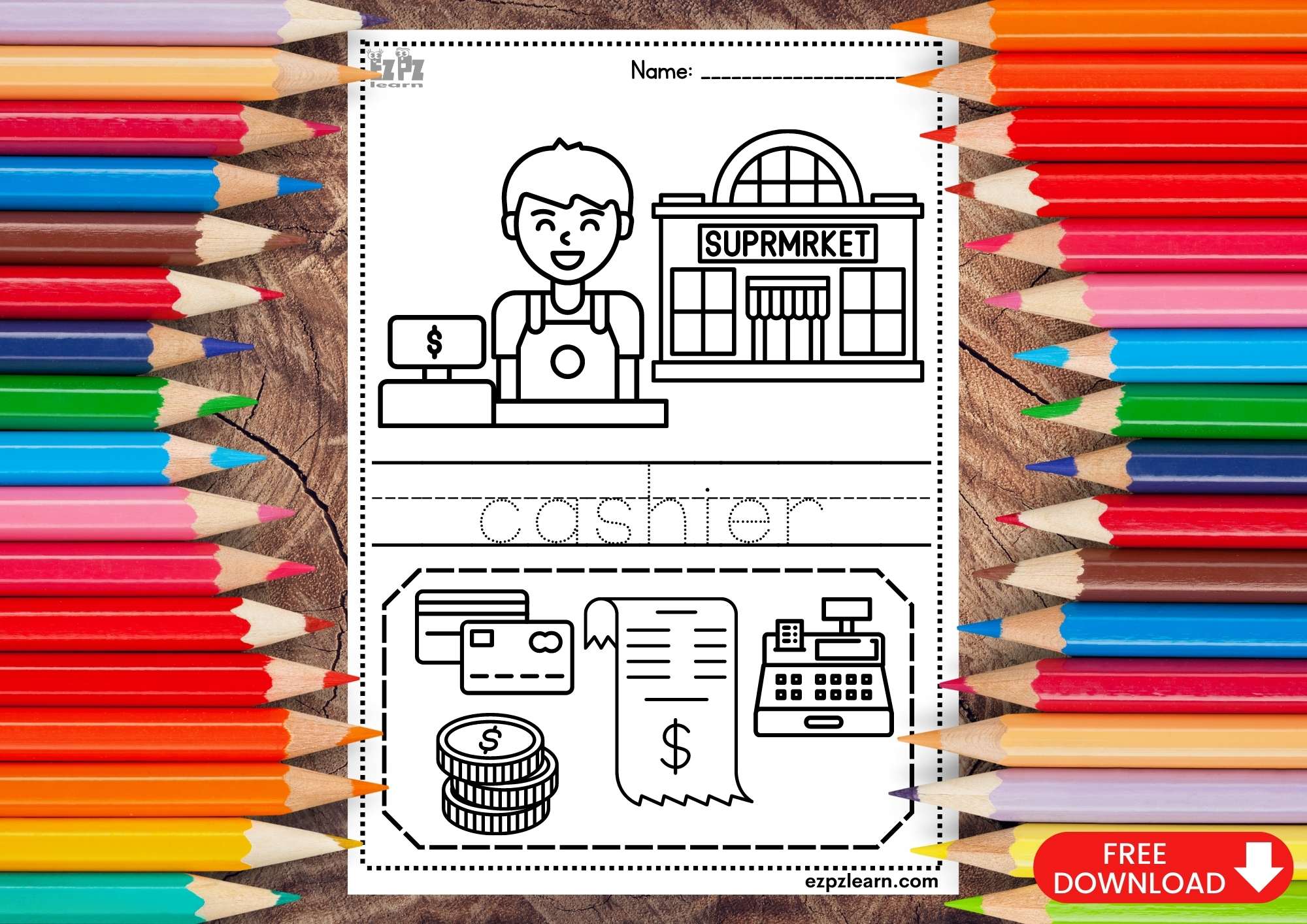 Cashier Coloring and Trace the Word Page 